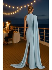 cheap Sheath Evening Dresses-Sheath / Column Floor Length Ball Gown with Cape Evening Gown Ball Gown Elegant High Split Sleeveless High Neck Formal Wedding Pocket Stretch Crepe with Pleats Appliques
