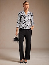  女性用 ドレッシーなトップス 刺繍 フラワー ペーズリー エレガント 七分袖 Ｖネック レギュラートップス ワーク パーティー セミフォーマル ブラック 春 秋 冬