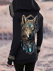 levne Zvířata vrcholy-Dámské Mikiny na zip Zip Kapsy Tisk Grafika Zvíře Etno Módní Na běžné nošení Dlouhý rukáv Kapuce Běžné topy ulice Na den Bílá Žlutá Jaro Podzim