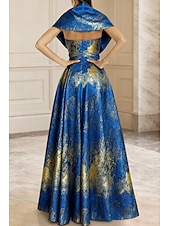  Blue Jacquard Brocade A-Line Evening Gown Elegant Formal Dress Formal Wedding Floor Length Short Sleeve Queen Anne Pocket Nylon with Pocket