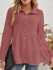 preiswerte Einfache Blusen-Damen Bluse Gerafft Knöpfe Einfarbig Stilvoll Lässig Langarm Hemdkragen Normale Oberteile Täglich Salbeigrün Schwarz Rote Marineblau Aprikose Frühling Herbst Winter