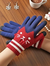 abordables Guantes de mujer-Guantes de punto para pantalla táctil para mujer, multicolor, diseño de gato, acogedor accesorio de invierno.