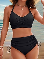 economico Bikini-Bikini da donna costume da bagno a 2 pezzi arricciato cheeky controllo della pancia vita alta slim schiena scoperta abbigliamento da spiaggia per vacanze colore solido scollatura a V costumi da bagno