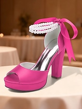 baratos Sandálias de Plataforma-Sandálias femininas de salto alto plataforma em cetim roxo com tira de pérolas no tornozelo - sapatos de festa glamorosos de bico aberto para eventos noturnos, casamentos e coquetéis.