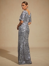 economico Abiti con paillettes-Per donna Abito maxi Tubino Abito a sirena Elegante Spalle scoperte Festa serale Paillettes Pizzo Ricamato Vestibilità regolare Floreale Mezza Manica Scollo a V Grigio