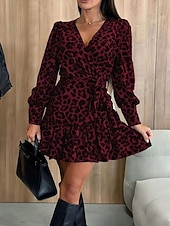economico Abiti Floreali Stampati-Per donna Mini Abito Vestito Casual Abito Stampato Elegante Moda Moderno Quotidiano Ferie Uscire Vestibilità regolare Leopardo Manica Lunga Scollo a V Blu Leopardo Rosso Verde Estate