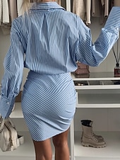 preiswerte Streifen- und geometrisches Kleid-Damen Minikleid Hemdblusenkleid Etui-Kleid Modern Outdoor Ausgehen Wochenende Normale Passform Einfach Langarm Hemdkragen Leicht Blau Frühling Herbst