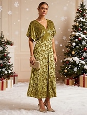 voordelige Bloemenjurk-dames maxi-jurk a-lijn jurk fluweel elegant feest bruiloft gast bloemen blad halve mouw v-hals smaragdgroen lente herfst winter