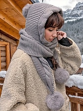 رخيصةأون قبعات نسائية-وشاح نسائي محبوك بغطاء للرأس لعيد الميلاد - مبطن بالصوف المريح، مع تفاصيل بوم بوم، وخيارات متعددة الألوان لأزياء الشتاء، مثالي كهدية في العطلات والأنشطة الخارجية