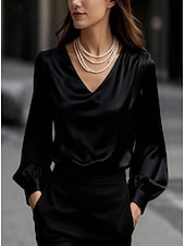 お買い得  ドレッシーブラウス-女性用 シャツ Elegant ドレッシー サテントップ 平織り 日常 レトリ／ヴィンテージ Ｖネック レギュラートップス ブラック ホワイト ルビーレッド アプリコット 秋