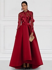 cheap A-Line Evening Dresses-A-Line Floor Length Evening Gown Ball Gown Formal Dress Elegant Long Sleeve Shirt Collar Formal Holiday Pocket Satin Lace with Embroidery