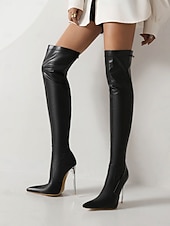 Χαμηλού Κόστους Μπότες μόδας-Γυναικείες μαύρες μπότες στιλέτο πάνω από το γόνατο - κομψές μπότες πάρτι με ψηλές τιράντες από τεχνητό δέρμα και μυτερή μύτη για βραδινή έξοδο
