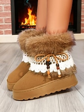 billige Snow &amp; Winter Boots-Brune, koselige støvletter med fuskepelsfôr og heklede detaljer til dame – uformelt vintersko med perledetaljer og mykt plysjfôr, perfekt til jul, høytidsgaver og uformelle vinterturer.