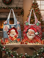 tanie Graficzne torby drukowane-Damska składana torba na zakupy świąteczna – wiele wzorów z motywem Świętego Mikołaja, materiał poliestrowy, trwała i kompaktowa, idealna na świąteczne zakupy i prezenty
