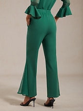 levne dámské kalhoty-Dámské kalhoty, strečová tkanina, šifon, průsvitné panely, rozšířené nohavice, elastický pas, elegantní, pohodlné, do práce, podzim