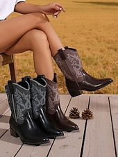 Χαμηλού Κόστους Καουμπόη και δυτικές μπότες-Γυναικείες καφέ μπότες western μέχρι τη μέση της γάμπας – καουμπόικες μπότες από τεχνητό δέρμα με κεντημένο σχέδιο για φθινοπωρινές, country style και εκδηλώσεις ροντέο