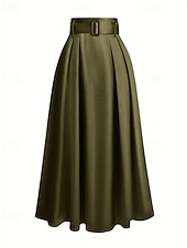 abordables Faldas Formales-Mujer Faldas de satén Moda Maxi Alta cintura Faldas Plano Plisado Microelástico Diario Cita Vino Negro Rosa Verde Oscuro Primavera
