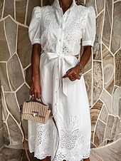 preiswerte Einfaches Kleid-Damen Midikleid Sommerkleid Urlaub Lässig Boho Ausgehen Normale Passform Blumen Kurzarm Umlegekragen Blau Weiß Weiß Sommer Frühling