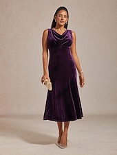  Damen Midikleid Trompeten- Meerjungfrauenkleid Elegant Party Hochzeitsgast Cocktailparty Normale Passform Einfarbig Ärmellos Wasserfallausschnitt Aubergine
