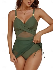 baratos Fatos de Banho 1 Peça-Maiô Feminino 1 Peça Monokini Sexy Recortado com Saia Mesh Controle de Barriga Cintura Alta Slim Costa Nua Vacacional Praia Cor Sólida Decote em V Sem Mangas