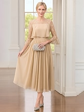 abordables Longitud a la altura del tobillo-Vestido de Fiesta en Línea A de Longitud de Té Ankle Length Vestido de Cóctel Vestido de Invitada de Boda Vestido de Madre de la Novia de Manga Larga Cuello Redondo Fiesta Elegante Vintage con