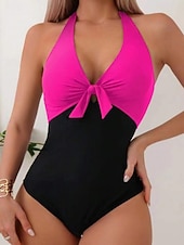 economico Costumi interi-Costume da bagno intero da donna snellente colorblock monokini controllo della pancia vita alta slanciato senza schienale abbigliamento da spiaggia per le vacanze blocco di colore collo a halter