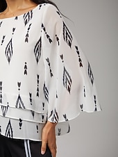 abordables camisas, tops y blusas-Blusa de mujer blanca floral, manga 3/4, suelta, cuello redondo, informal, elegante, para vacaciones, primavera, verano y otoño.