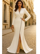 Недорогие Смокинг-платья-Жен. Платье-смокинг Русалка Свадьба Официальные Свадебный гость Эластичная ткань в 4 направлениях Элегантный стиль Блестящая Длинный рукав В пол V-образный вырез Однобортный крой