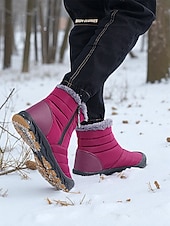 cheap Snow &amp; Winter Boots-Women's Burgundy Fur Lined Ankle Boots - Waterproof Winter Snow Shoes with Anti-Slip Rubber Sole, Warm Cozy Footwear for Outdoor and Casual Wear