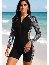 cheap One Pieces Rash Guards-Women's Rash Guard Dive Skin Suit Bathing Suit Swimsuit Set Paisley Folk Zip Up Removable Pad Front Zip UV Sun Protection UPF50+ Ultra Light (UL) Long Sleeve Swimwear Sun Shirt Surfing Beach Water