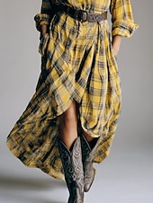 abordables Vestido a Rayas y Geométrico-Mujer vestido largo vestido largo Vestido de cuadros Vestido de Camisa Vintage Moderno Exterior Vacaciones Noche Holgado Plaid Manga Larga Cuello Camisero Amarillo Rojo Primavera Otoño