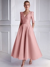 tanie Sukienki koktajlowe-Krój A Lekko nad kolana Sukienka koktajlowa Sukienki imprezowe Elegancja Rękaw 1/2 W serek Formalny Gość weselny Satyna z Kieszeń