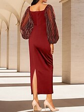 cheap Tea Length-Sheath / Column Floor Length Ankle Length Cocktail Dress Long Sleeve Square Neck Elegant Vintage Party Formal Velvet Polyester Mother of the Bride Dress with Sequin Split Front