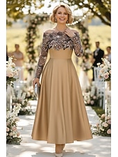 cheap Ankle Length-Two Piece A-Line Ankle Length Beaded Eembroidered Party Dress Cocktail Dress Mother of the Bride Dress Long Sleeve Strapless Off Shoulder Elegant Sparkle &amp; Shine Formal Wedding Guest Semi Formal Satin