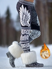 economico stampa vichinga-Leggings da donna Viking Boho foderati in pile vacanza stile etnico vintage a lunghezza intera vita media elasticizzati outdoor invernali grigio scuro autunno inverno