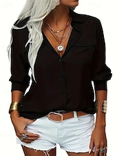 baratos Blusas Simples-Mulheres Blusa Tops elegantes Franzido Bolsos Botões Côr Sólida Tecido Elegante Vintage senhoras Manga Longa Colarinho de Camisa Tops regulares Diário Trabalho Feriado Verde Preto Rosa Verde Tropa