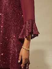  Mulheres Camisa de renda Túnica Top de emenda de renda Blusa Paetês Renda Frufru Elegante Diário senhoras Manga 3/4 Mangas Evasê Decote Canoa Gola Alta Tops longos Convidado do casamento Feriado Vinho