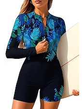 お買い得  ワンピースラッシュガード-女性用 ラッシュガード ワンピースサーフィンスーツ 水着 フラワー トロピカル風 カラーブロッキング ジッパーを閉める 内蔵ブラ付き 取り外し式パッド UVサンプロテクション UPF50+ 超軽量(UL) 長袖 スイムウェア ラッシュガード サーフィン ビーチ ウォータースポーツ 夏