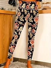 cheap Graphic Leggings-Women's Leggings Cozy Leggings Vacation Casual Full Length High Waist Floral Printing Comfortable Stretchy Casual Daily Vacation Navy Black Yellow Fuchsia Summer Spring Fall Regular Fit