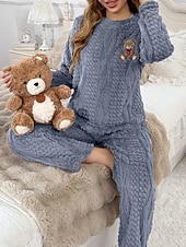 olcso Női szabadidőruházat-Női Pizsamák Lounge-ruházat Flanel Meleg Divat Tiszta szín Zsinór Rugalmas derék Nadrág Vakáció Otthon Napi Hosszú ujj Terített nyak Barna Szürke Ősz Tél Laza öltözet