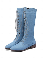 Χαμηλού Κόστους Μπότες μάχης-Γυναικείες μπότες τζιν με κορδόνια - casual ψηλοτάκουνες μπότες για ανοιξιάτικη και φθινοπωρινή μόδα, άνετες και κομψές