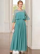 abordables Longitud a la altura del tobillo-Vestido de Fiesta en Línea A de Longitud de Té Ankle Length Vestido de Cóctel Vestido de Invitada de Boda Vestido de Madre de la Novia de Manga Larga Cuello Redondo Fiesta Elegante Vintage con