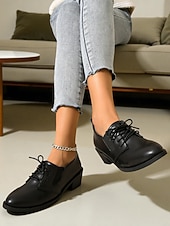 olcso Női fűzős bőrcipők-női fekete fűzős oxford cipő alacsony sarokkal - klasszikus lezser stílus, tökéletes irodai viseletre, mindennapi kirándulásokra és hétvégi alkalmakra
