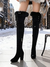baratos Botas de neve e inverno-Botas femininas marrons de camurça acima do joelho com acabamento em pele sintética – botinhas estilosas de salto alto com zíper para o inverno, neve e ocasiões casuais ou ao ar livre.