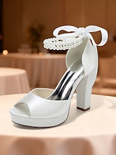 baratos Sandálias de Plataforma-Sandálias femininas de salto alto plataforma em cetim roxo com tira de pérolas no tornozelo - sapatos de festa glamorosos de bico aberto para eventos noturnos, casamentos e coquetéis.