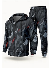 Недорогие спортивные костюмы-Муж. Толстовка Спортивный костюм Комплект спортивной одежды Кулиска Застегнуться Геометрия Наборы одежды Осень Зима Тёмно-синий Темно-серый Назначение На открытом воздухе Путешествия Легкость Мода