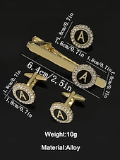 Недорогие Свадьба ACC-Комплект из мужского зажима для галстука, запонок и булавки для лацкана из сплава – элегантный черно-золотой дизайн с кристаллами, персонализированный 26 инициалами, идеальный подарок для официальных мероприятий и делового дресс-кода