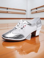 baratos Ténis de Dança-Sapatos de dança de salão femininos prateados com cadarço - sapatos confortáveis de salto baixo para prática de dança latina, salsa, tango e apresentações de palco.