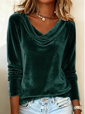 preiswerte Einfarbiges T-Shirt-Damen Samt Geschichtet Elegant Stilvoll Basic Langarm Wasserfallausschnitt Normale Oberteile Blau Schwarz Gelb Wein Grün Frühling Herbst Winter