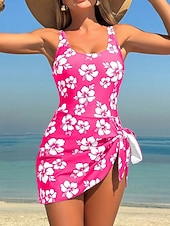 billiga One-piece-baddräkter-Kvinnors En-delad baddräkt med kjol Monokini Hög skärning Magekontroll Hög midja Slim Backless Semester Vintage Blommig Grafisk U-krage Ärmlös Baddräkt